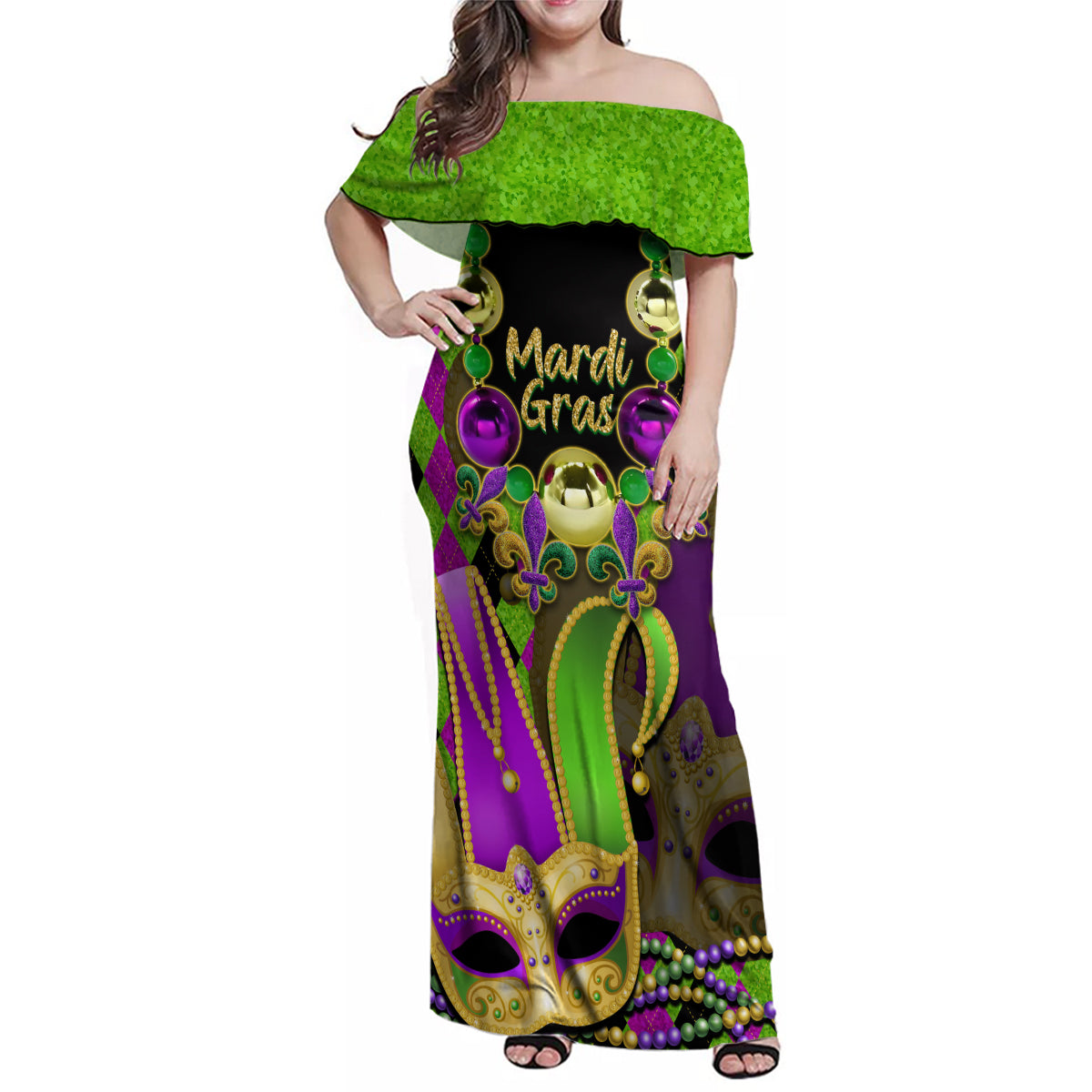 Mardi Gras 2024 Family Matching Off Shoulder Maxi Dress and Hawaiian Shirt Jester Mask With Beads Colorful Version - Wonder Print Shop
