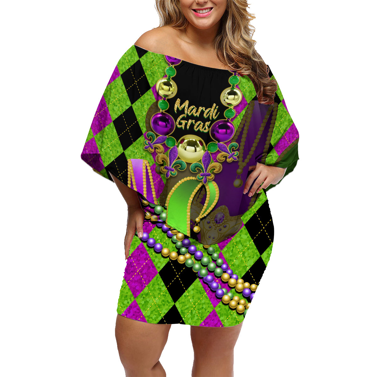 Mardi Gras 2024 Family Matching Off Shoulder Short Dress and Hawaiian Shirt Jester Mask With Beads Colorful Version - Wonder Print Shop