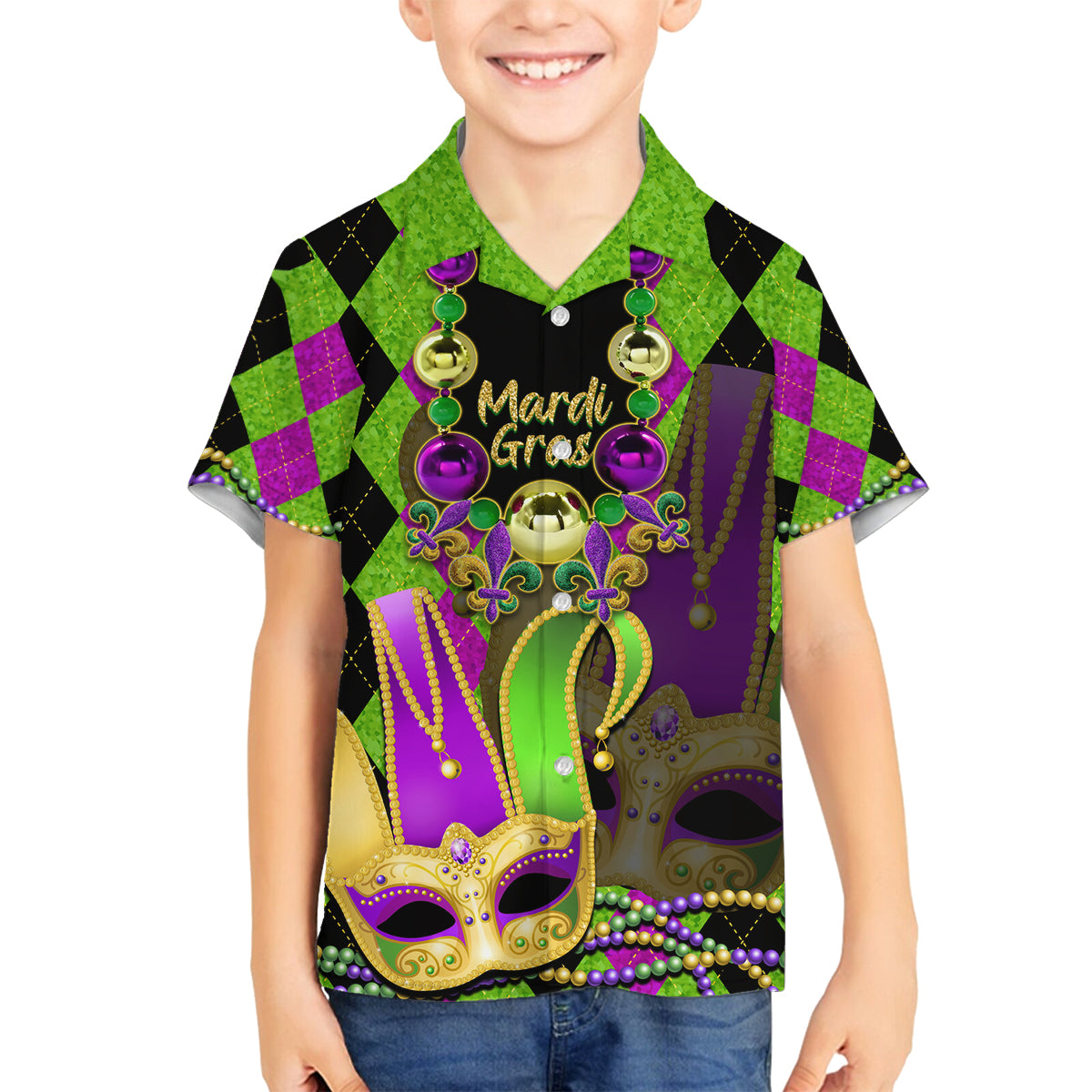 Mardi Gras 2024 Family Matching Puletasi and Hawaiian Shirt Jester Mask With Beads Colorful Version - Wonder Print Shop