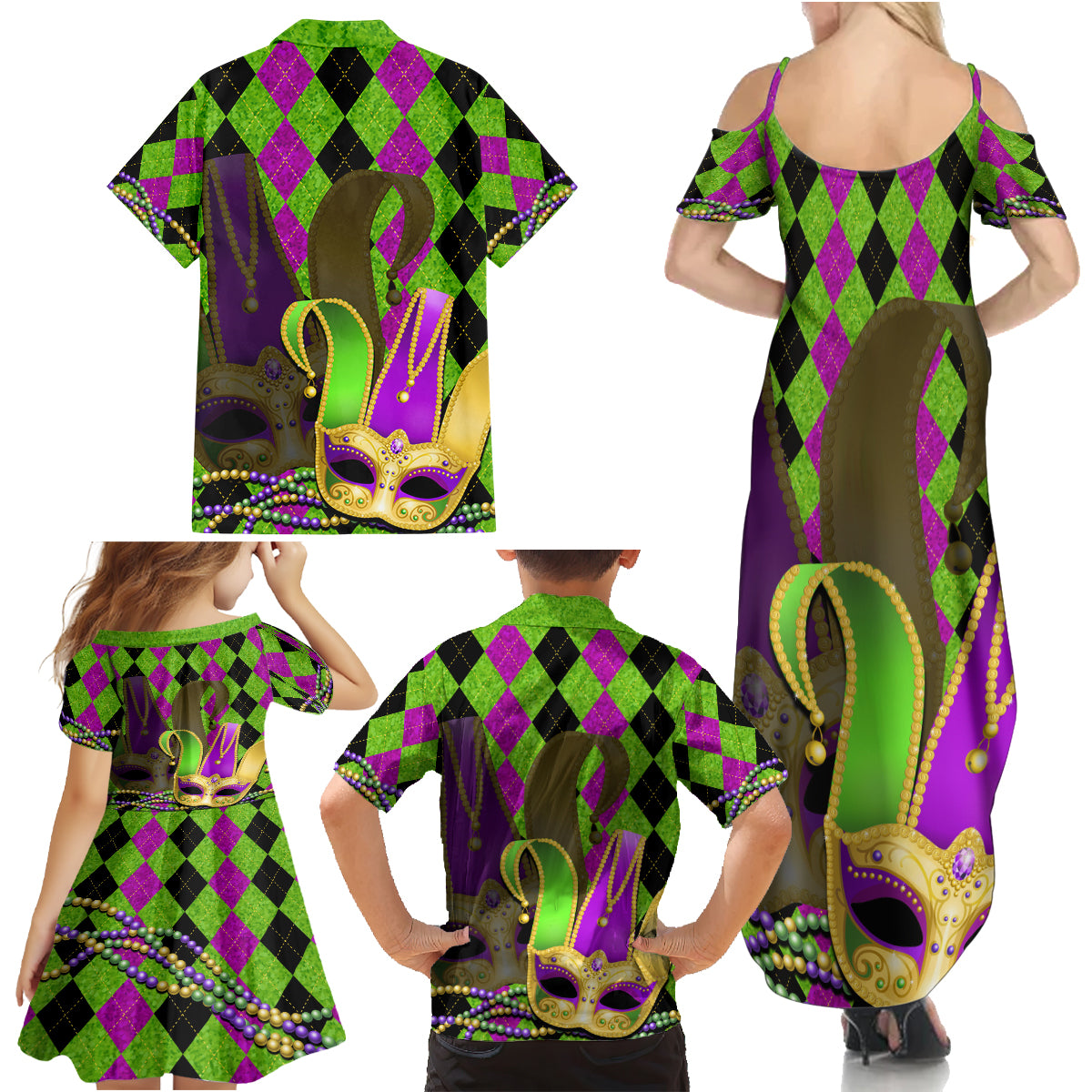 Mardi Gras 2024 Family Matching Summer Maxi Dress and Hawaiian Shirt Jester Mask With Beads Colorful Version - Wonder Print Shop