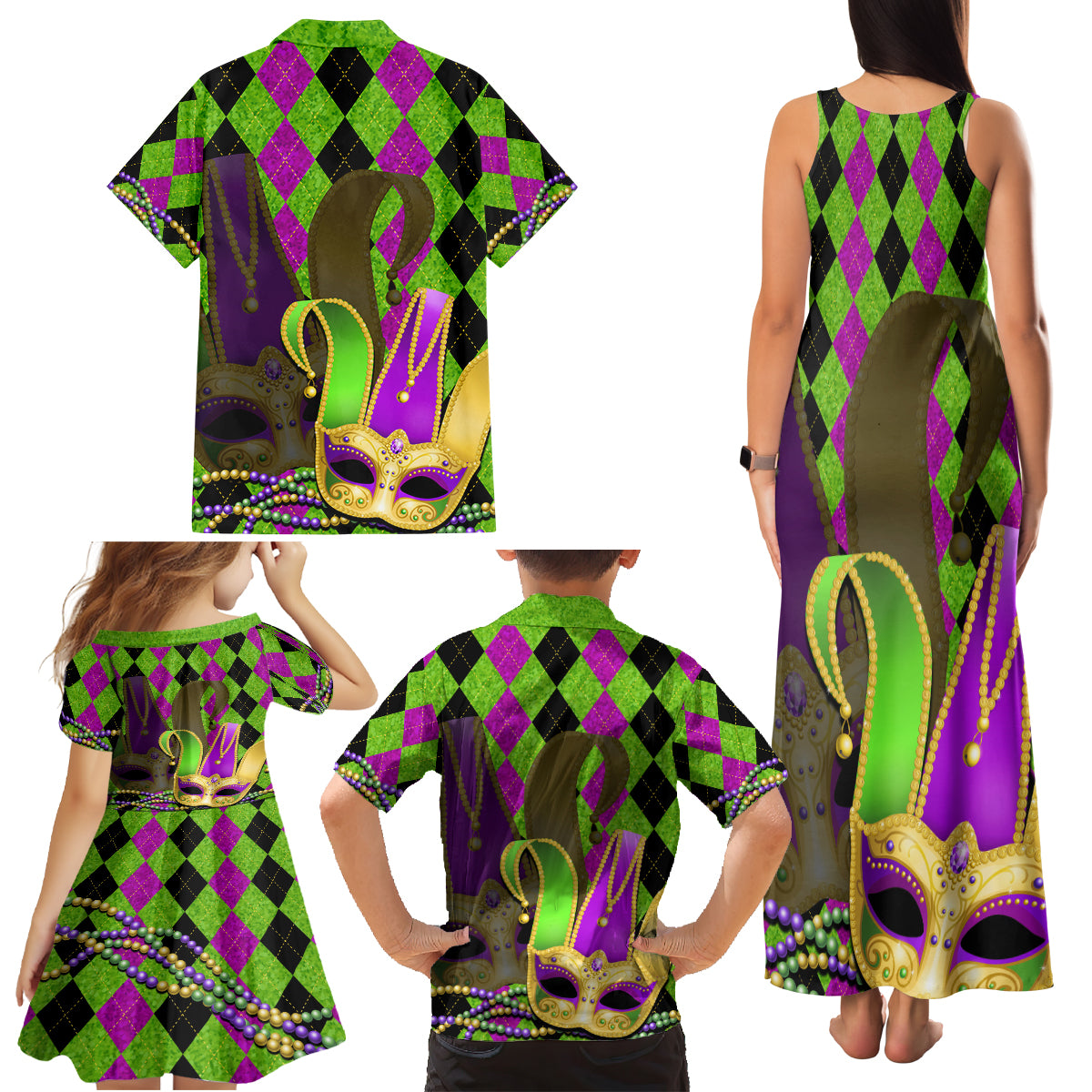 Mardi Gras 2024 Family Matching Tank Maxi Dress and Hawaiian Shirt Jester Mask With Beads Colorful Version - Wonder Print Shop