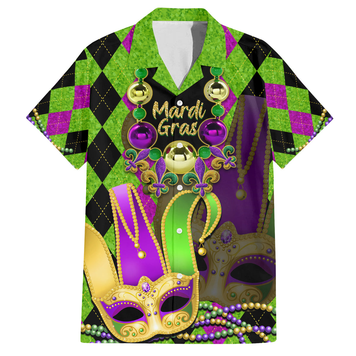 Mardi Gras 2024 Family Matching Tank Maxi Dress and Hawaiian Shirt Jester Mask With Beads Colorful Version - Wonder Print Shop