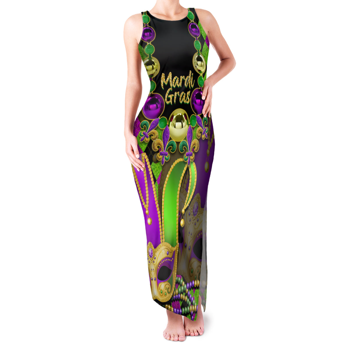 Mardi Gras 2024 Family Matching Tank Maxi Dress and Hawaiian Shirt Jester Mask With Beads Colorful Version - Wonder Print Shop