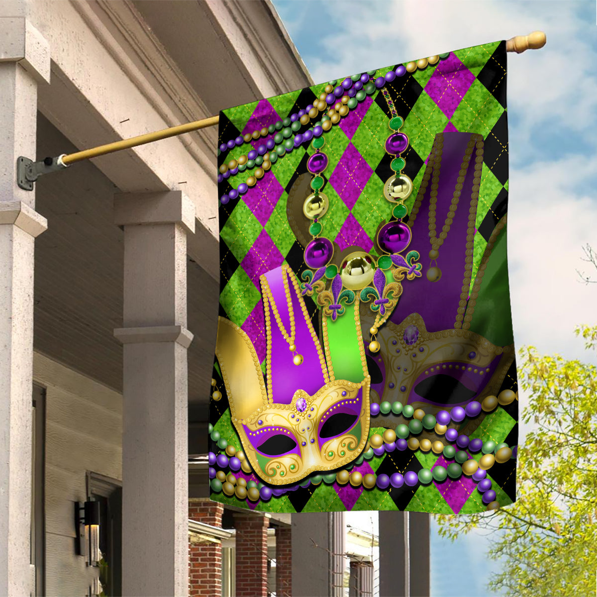 Mardi Gras 2024 Garden Flag Jester Mask With Beads Colorful Version - Wonder Print Shop