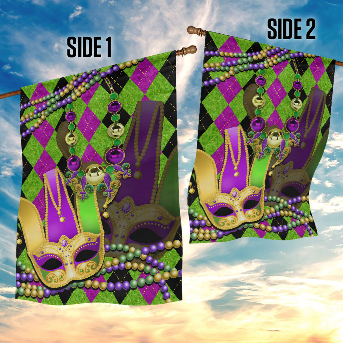 Mardi Gras 2024 Garden Flag Jester Mask With Beads Colorful Version - Wonder Print Shop