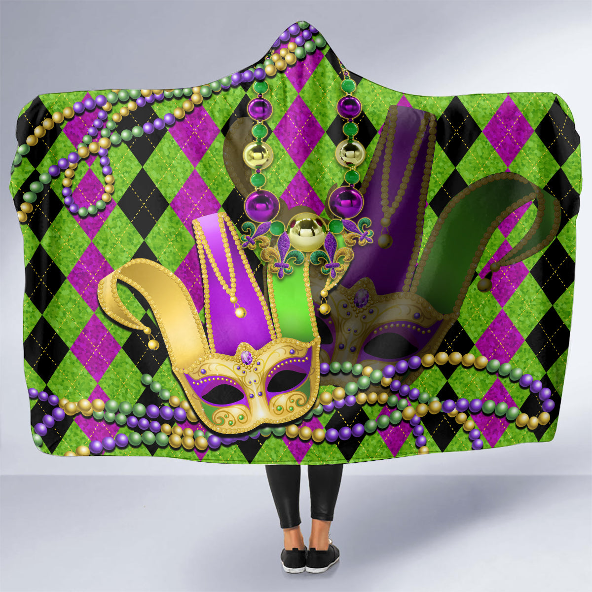 Mardi Gras 2024 Hooded Blanket Jester Mask With Beads Colorful Version