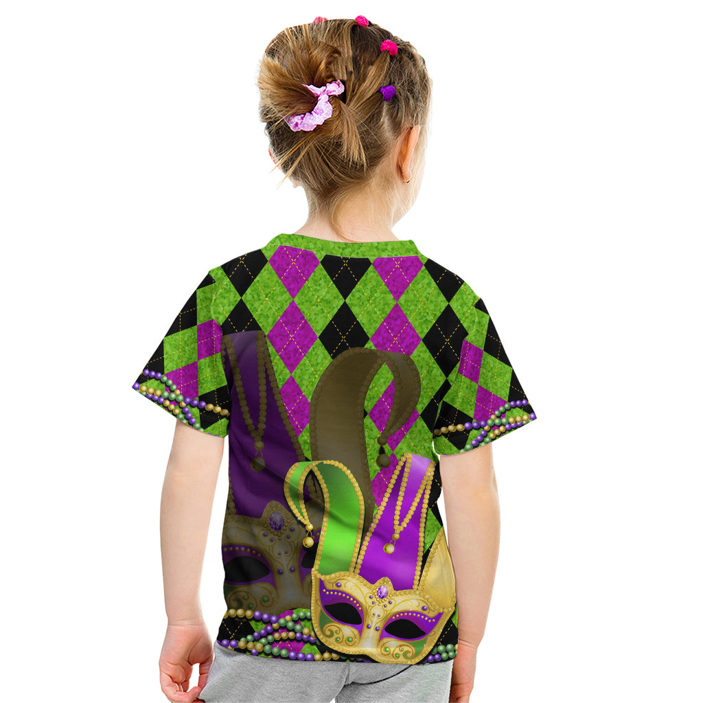 Mardi Gras 2024 Kid T Shirt Jester Mask With Beads Colorful Version - Wonder Print Shop