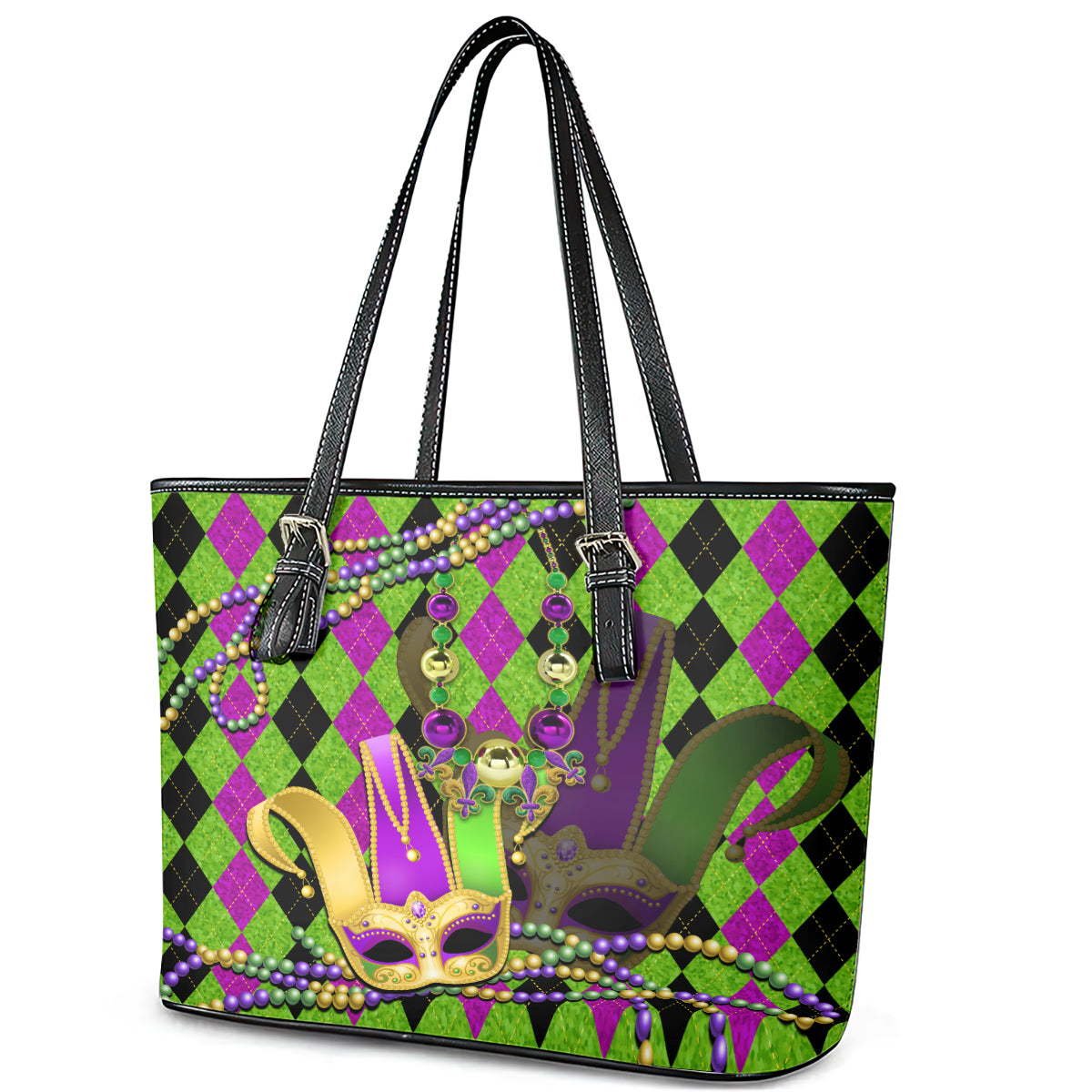 Mardi Gras 2024 Leather Tote Bag Jester Mask With Beads Colorful Version - Wonder Print Shop