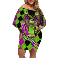 Mardi Gras 2024 Off Shoulder Short Dress Jester Mask With Beads Colorful Version - Wonder Print Shop