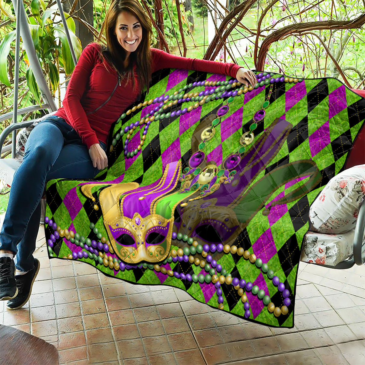 Mardi Gras 2024 Quilt Jester Mask With Beads Colorful Version - Wonder Print Shop