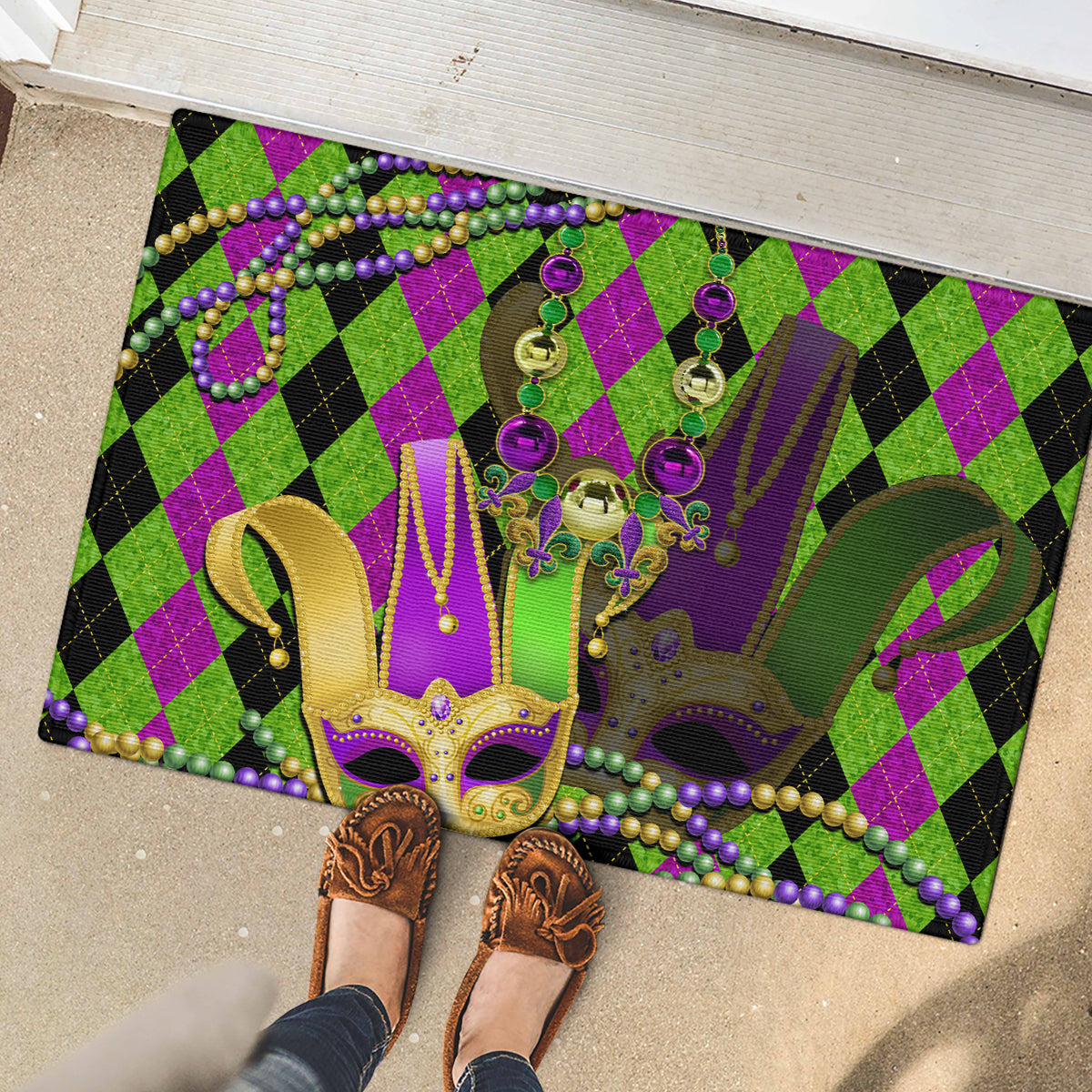Mardi Gras 2024 Rubber Doormat Jester Mask With Beads Colorful Version - Wonder Print Shop
