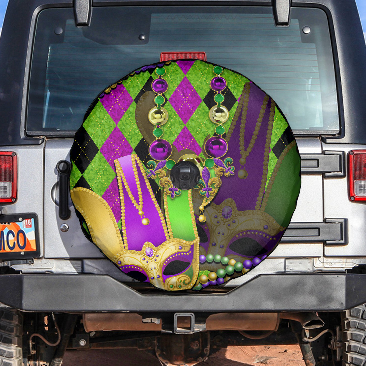 Mardi Gras 2024 Spare Tire Cover Jester Mask With Beads Colorful Version - Wonder Print Shop