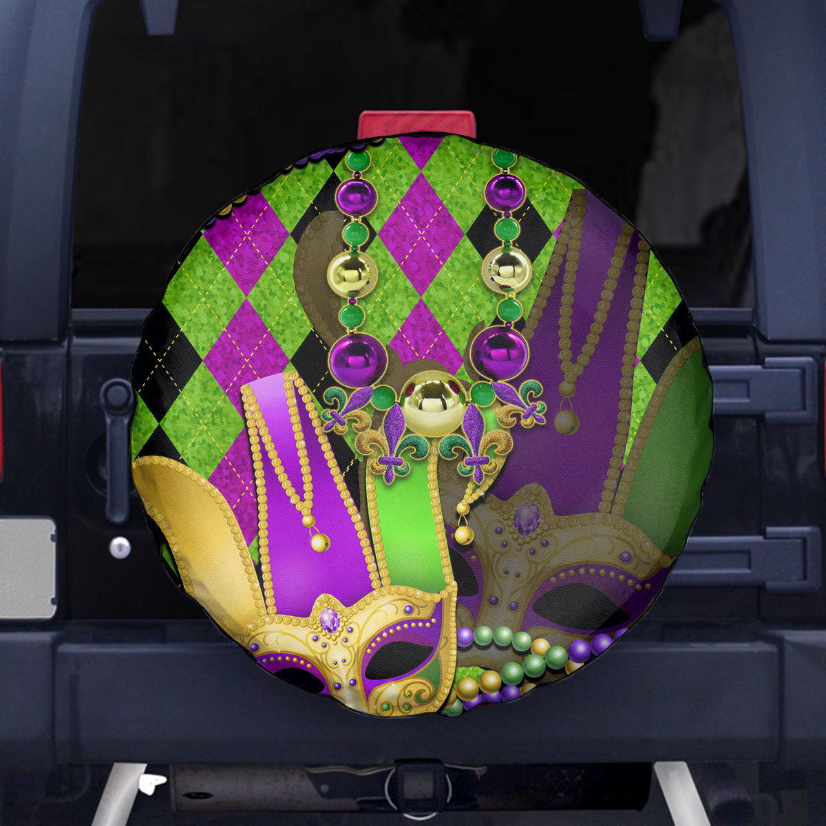Mardi Gras 2024 Spare Tire Cover Jester Mask With Beads Colorful Version - Wonder Print Shop