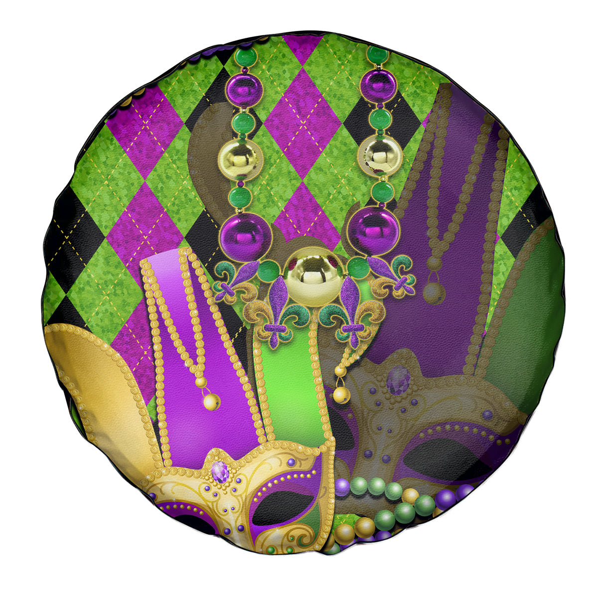Mardi Gras 2024 Spare Tire Cover Jester Mask With Beads Colorful Version - Wonder Print Shop