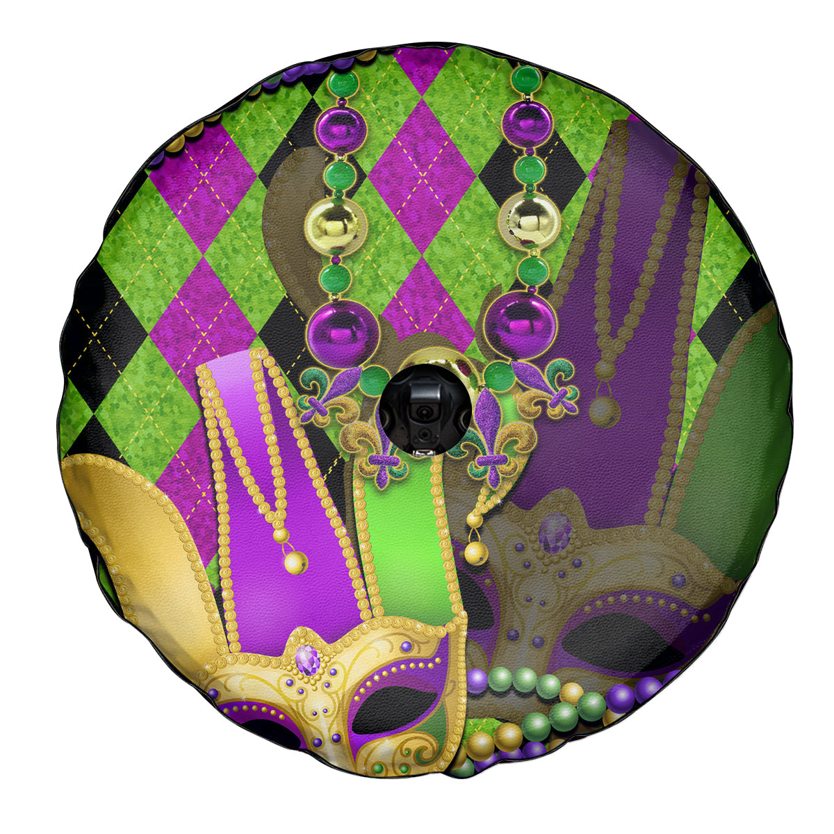 Mardi Gras 2024 Spare Tire Cover Jester Mask With Beads Colorful Version - Wonder Print Shop