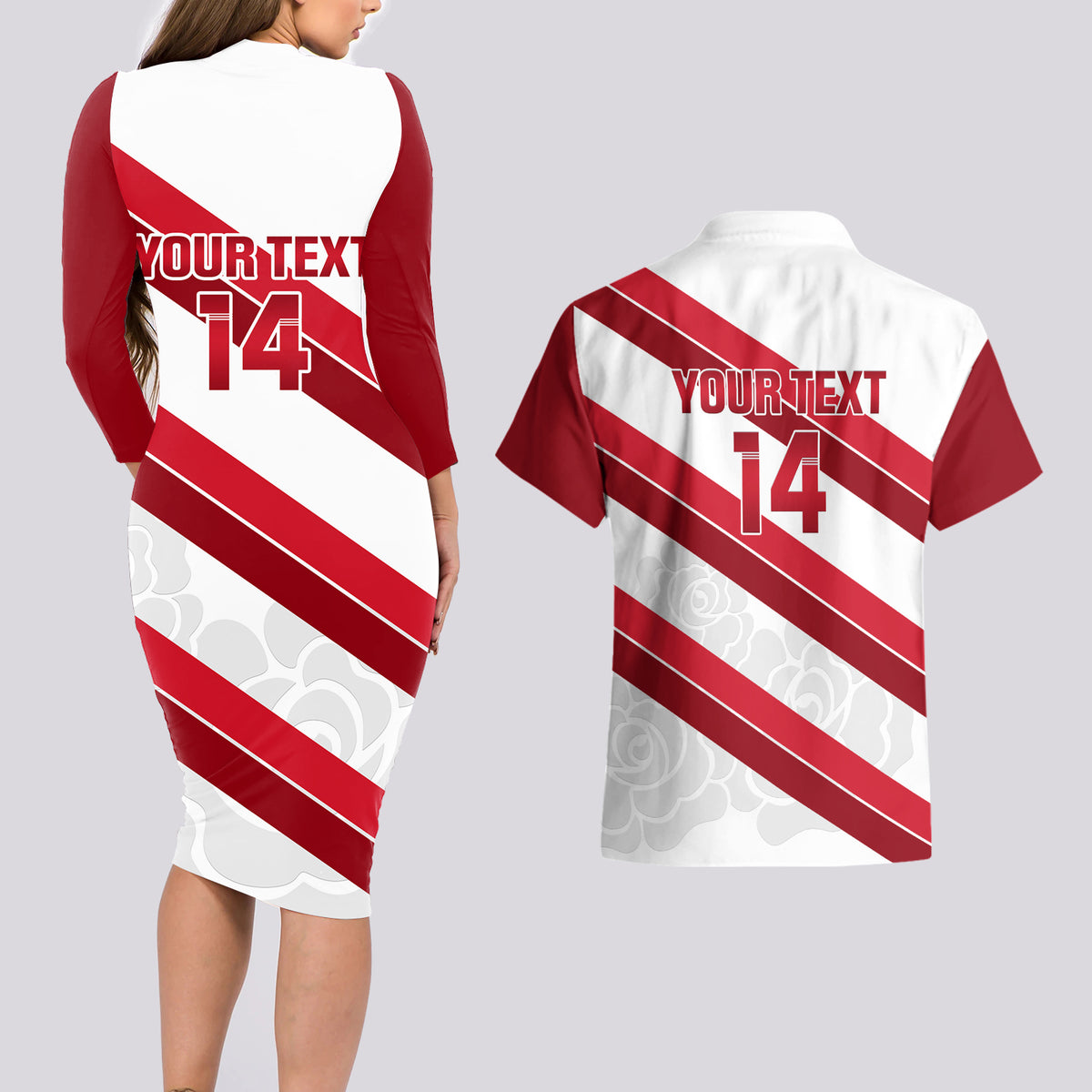 Custom England Rugby Couples Matching Long Sleeve Bodycon Dress and Hawaiian Shirt 2024 Go Champions Red Rose Sporty Version - Wonder Print Shop