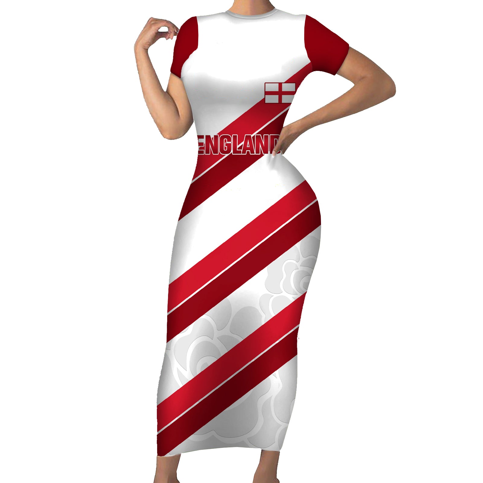 Custom England Rugby Short Sleeve Bodycon Dress 2024 Go Champions Red Rose Sporty Version - Wonder Print Shop