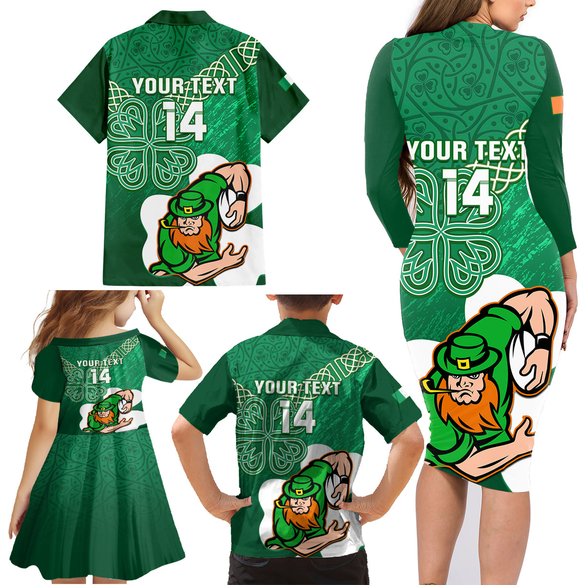 Custom Ireland Rugby Family Matching Long Sleeve Bodycon Dress and Hawaiian Shirt 2024 Irish Shamrocks With Celtic Pattern - Wonder Print Shop