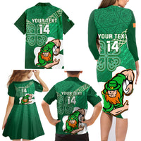 Custom Ireland Rugby Family Matching Long Sleeve Bodycon Dress and Hawaiian Shirt 2024 Irish Shamrocks With Celtic Pattern - Wonder Print Shop