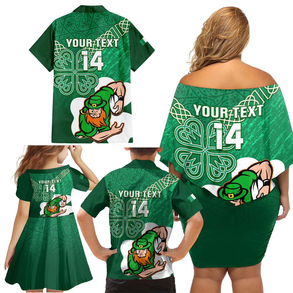 Custom Ireland Rugby Family Matching Off Shoulder Short Dress and Hawaiian Shirt 2024 Irish Shamrocks With Celtic Pattern - Wonder Print Shop