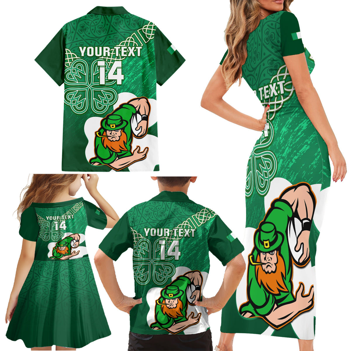 Custom Ireland Rugby Family Matching Short Sleeve Bodycon Dress and Hawaiian Shirt 2024 Irish Shamrocks With Celtic Pattern - Wonder Print Shop
