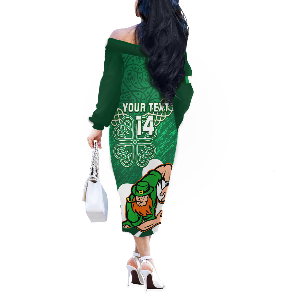 Custom Ireland Rugby Off The Shoulder Long Sleeve Dress 2024 Irish Shamrocks With Celtic Pattern - Wonder Print Shop