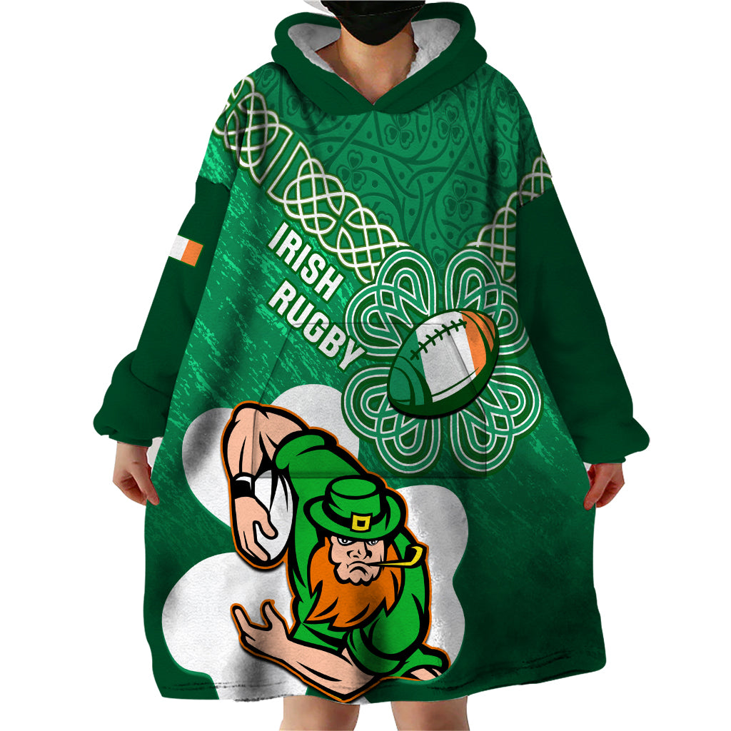 Custom Ireland Rugby Wearable Blanket Hoodie 2024 Irish Shamrocks With Celtic Pattern - Wonder Print Shop