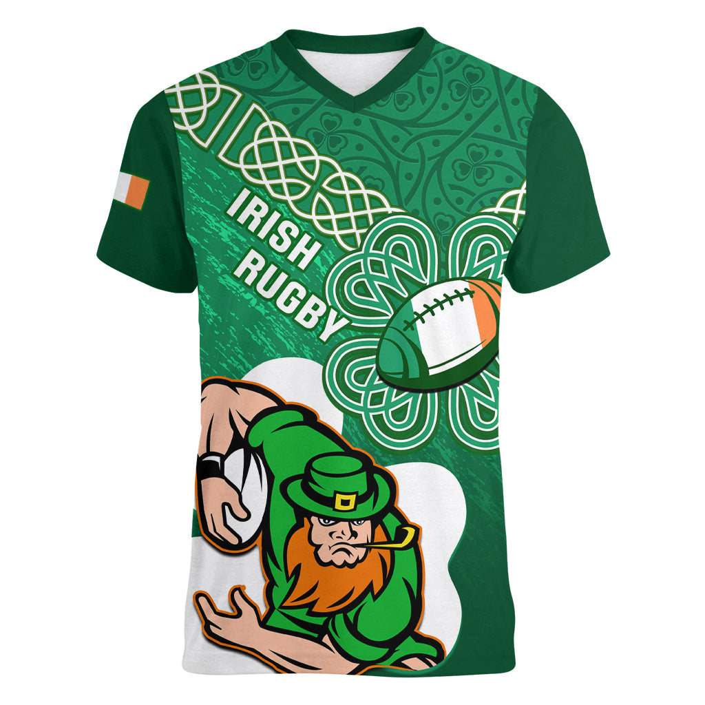 Custom Ireland Rugby Women V Neck T Shirt 2024 Irish Shamrocks With Celtic Pattern - Wonder Print Shop