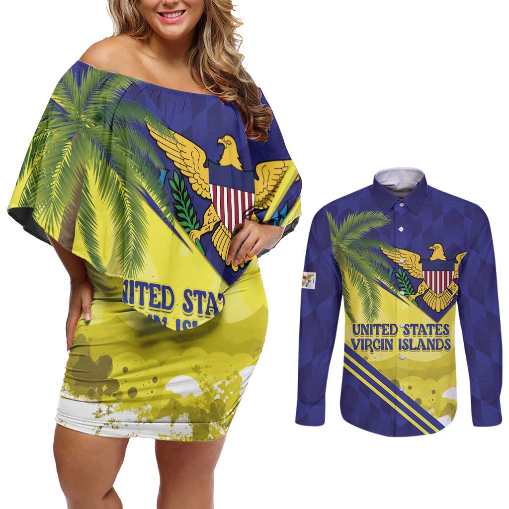 US Virgin Islands Couples Matching Off Shoulder Short Dress and Long Sleeve Button Shirt United in Pride and Hope