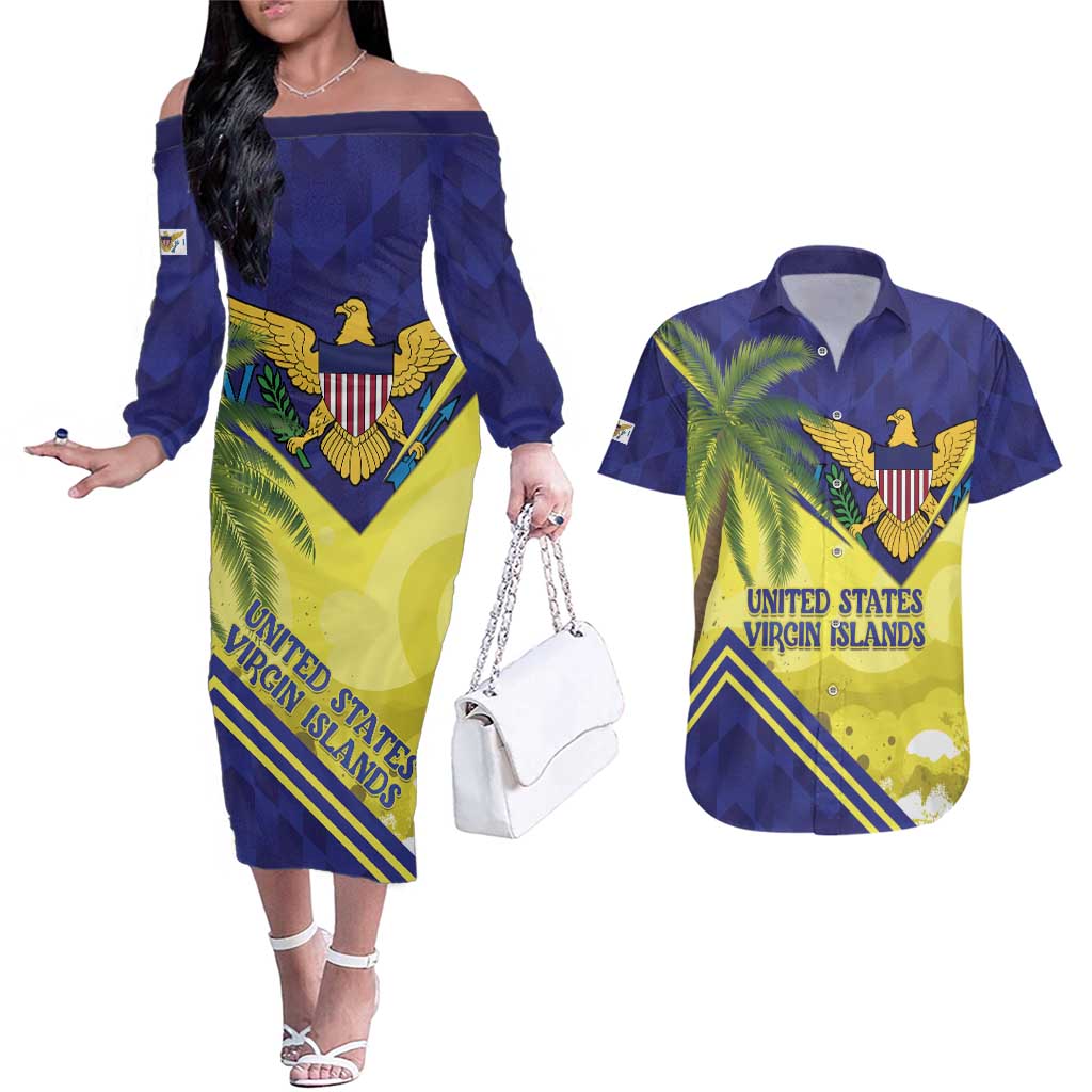 US Virgin Islands Couples Matching Off The Shoulder Long Sleeve Dress and Hawaiian Shirt United in Pride and Hope
