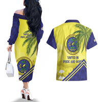 US Virgin Islands Couples Matching Off The Shoulder Long Sleeve Dress and Hawaiian Shirt United in Pride and Hope