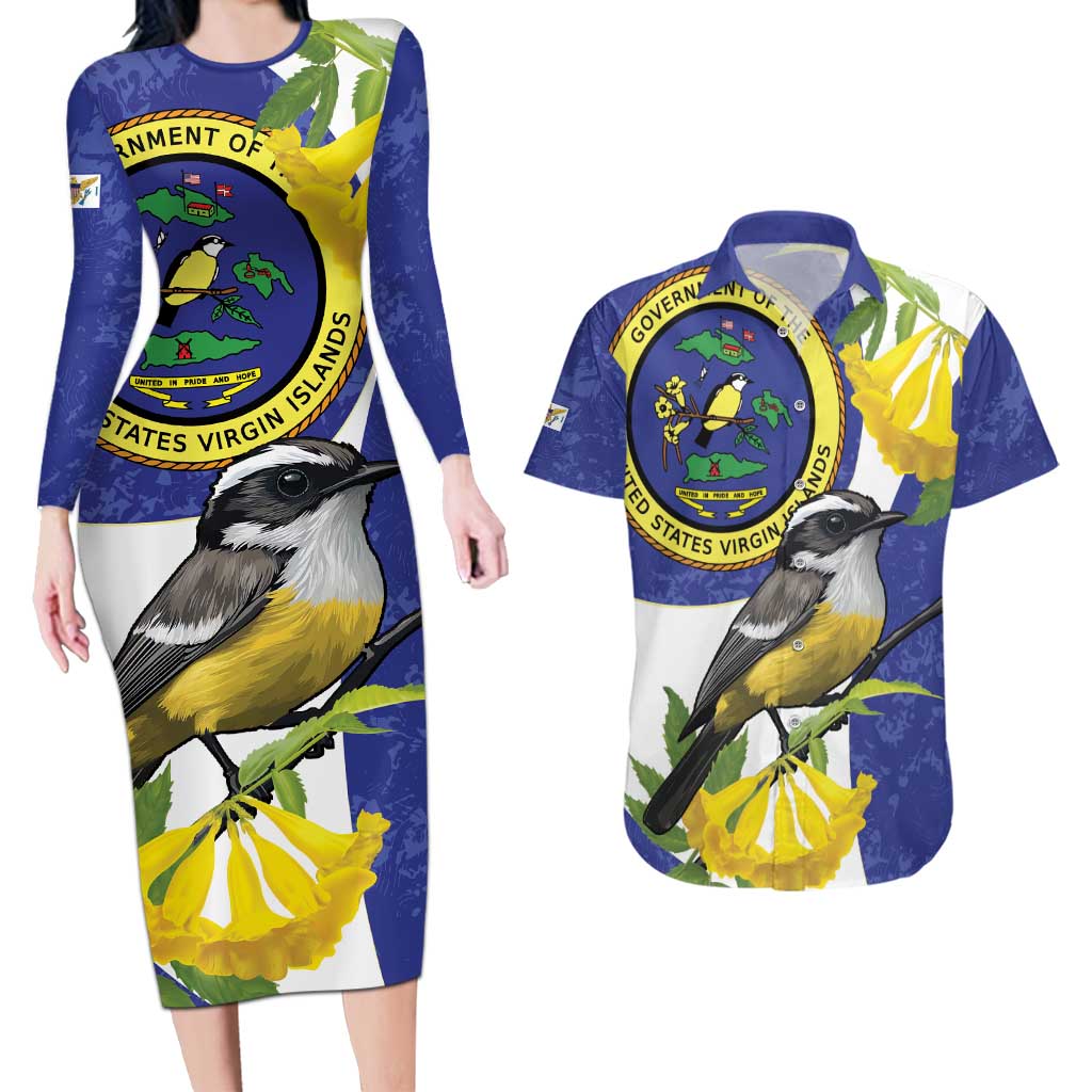 US Virgin Islands Couples Matching Long Sleeve Bodycon Dress and Hawaiian Shirt Bananaquit Bird Mix Ginger Thomas Flower