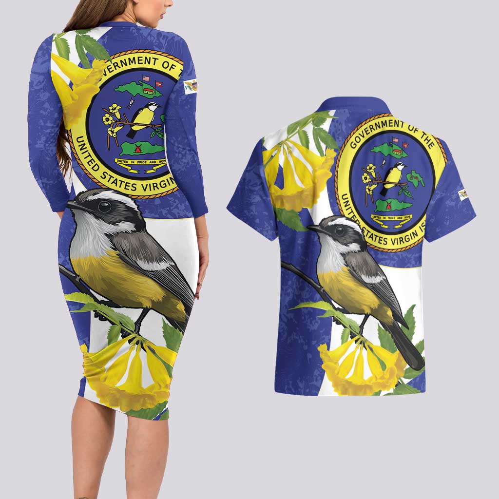 US Virgin Islands Couples Matching Long Sleeve Bodycon Dress and Hawaiian Shirt Bananaquit Bird Mix Ginger Thomas Flower