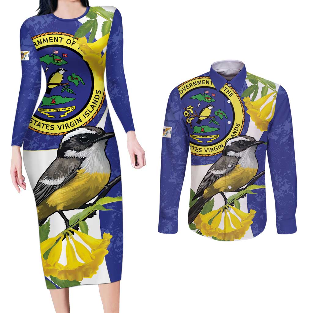US Virgin Islands Couples Matching Long Sleeve Bodycon Dress and Long Sleeve Button Shirt Bananaquit Bird Mix Ginger Thomas Flower