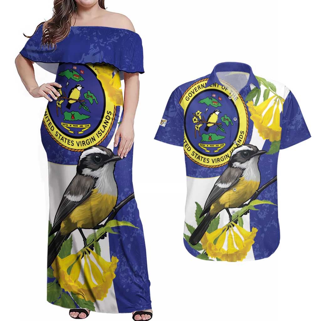US Virgin Islands Couples Matching Off Shoulder Maxi Dress and Hawaiian Shirt Bananaquit Bird Mix Ginger Thomas Flower