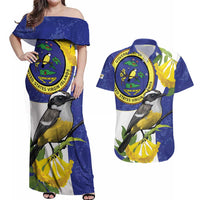 US Virgin Islands Couples Matching Off Shoulder Maxi Dress and Hawaiian Shirt Bananaquit Bird Mix Ginger Thomas Flower
