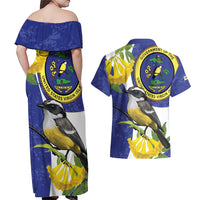 US Virgin Islands Couples Matching Off Shoulder Maxi Dress and Hawaiian Shirt Bananaquit Bird Mix Ginger Thomas Flower