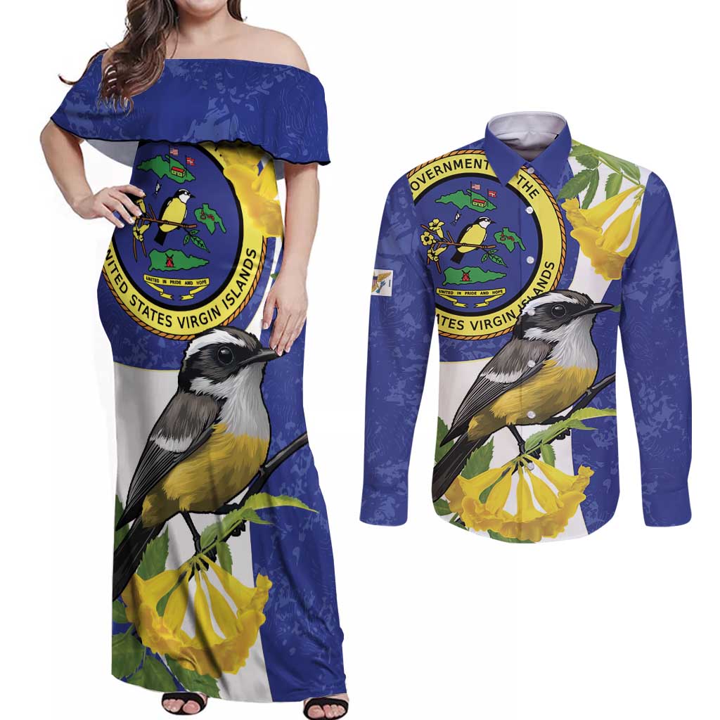 US Virgin Islands Couples Matching Off Shoulder Maxi Dress and Long Sleeve Button Shirt Bananaquit Bird Mix Ginger Thomas Flower