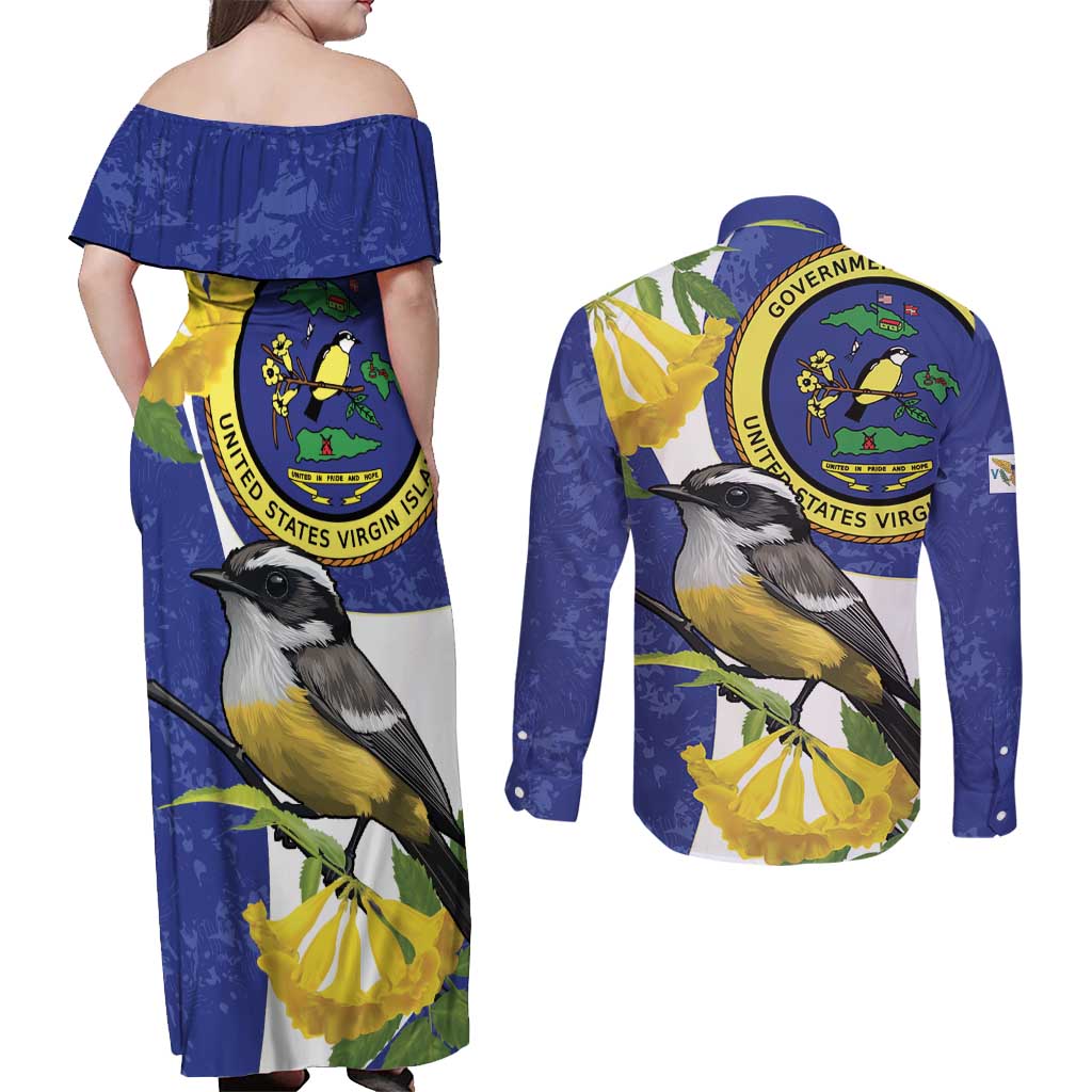 US Virgin Islands Couples Matching Off Shoulder Maxi Dress and Long Sleeve Button Shirt Bananaquit Bird Mix Ginger Thomas Flower