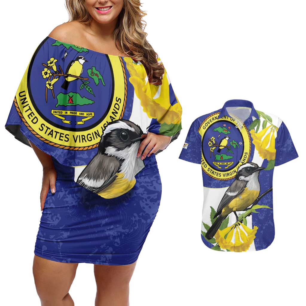 US Virgin Islands Couples Matching Off Shoulder Short Dress and Hawaiian Shirt Bananaquit Bird Mix Ginger Thomas Flower