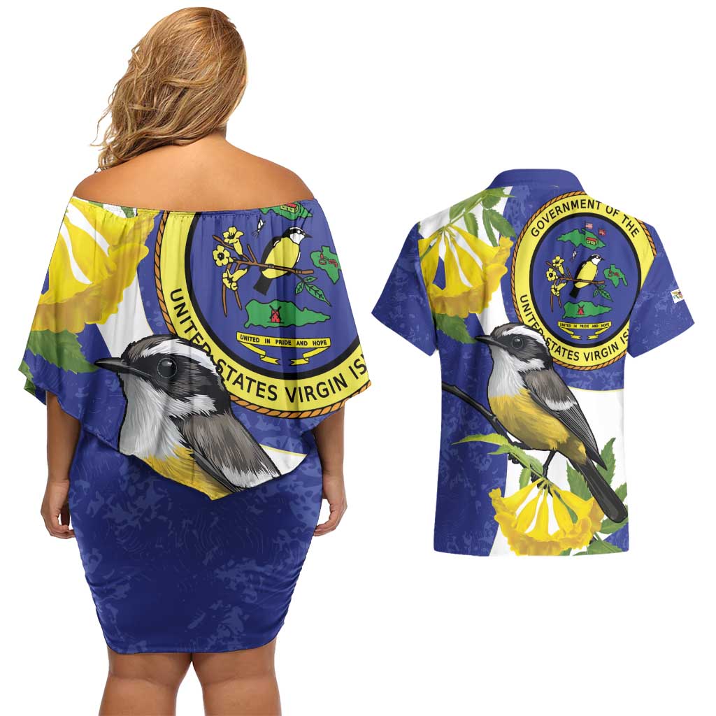 US Virgin Islands Couples Matching Off Shoulder Short Dress and Hawaiian Shirt Bananaquit Bird Mix Ginger Thomas Flower