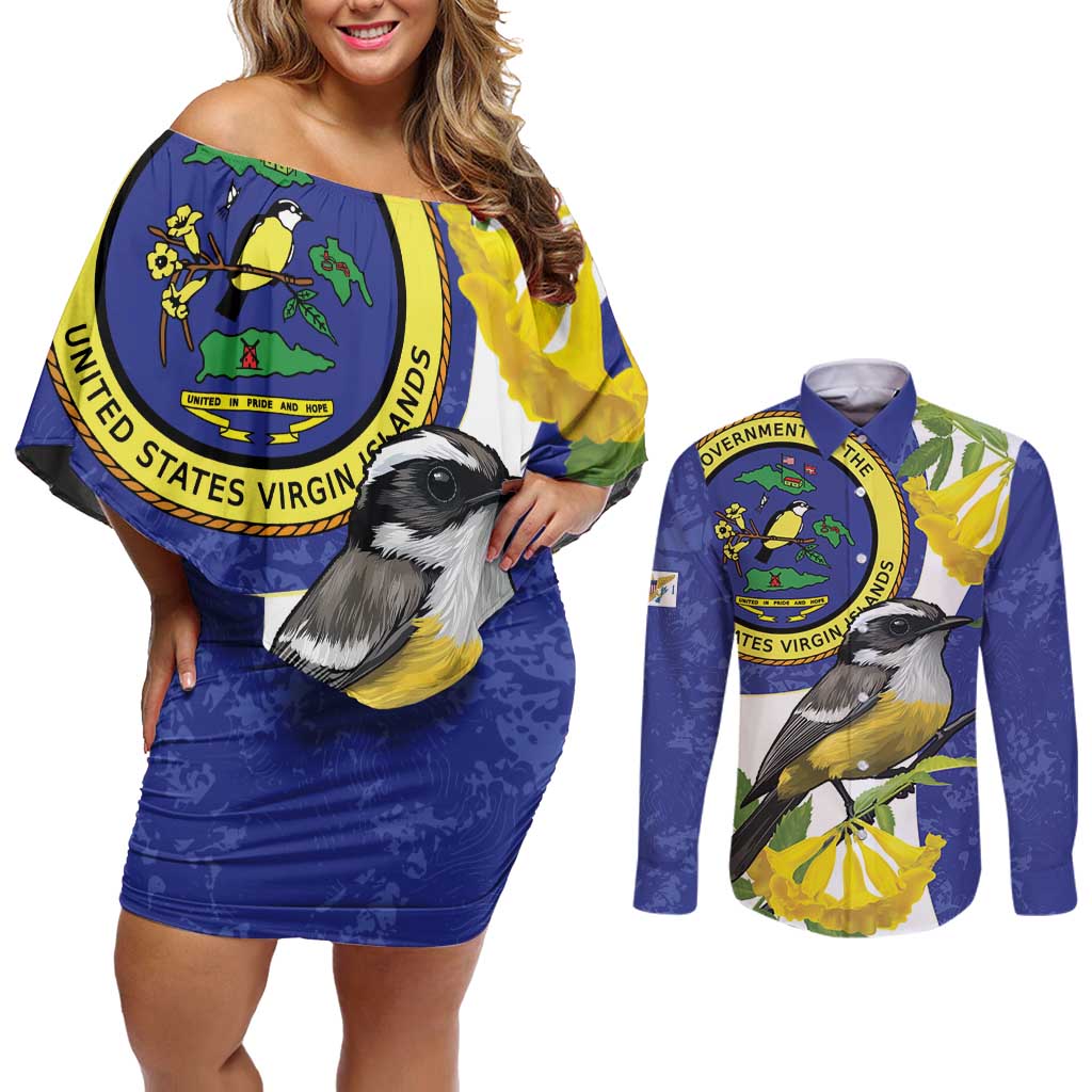 US Virgin Islands Couples Matching Off Shoulder Short Dress and Long Sleeve Button Shirt Bananaquit Bird Mix Ginger Thomas Flower