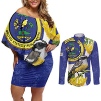 US Virgin Islands Couples Matching Off Shoulder Short Dress and Long Sleeve Button Shirt Bananaquit Bird Mix Ginger Thomas Flower