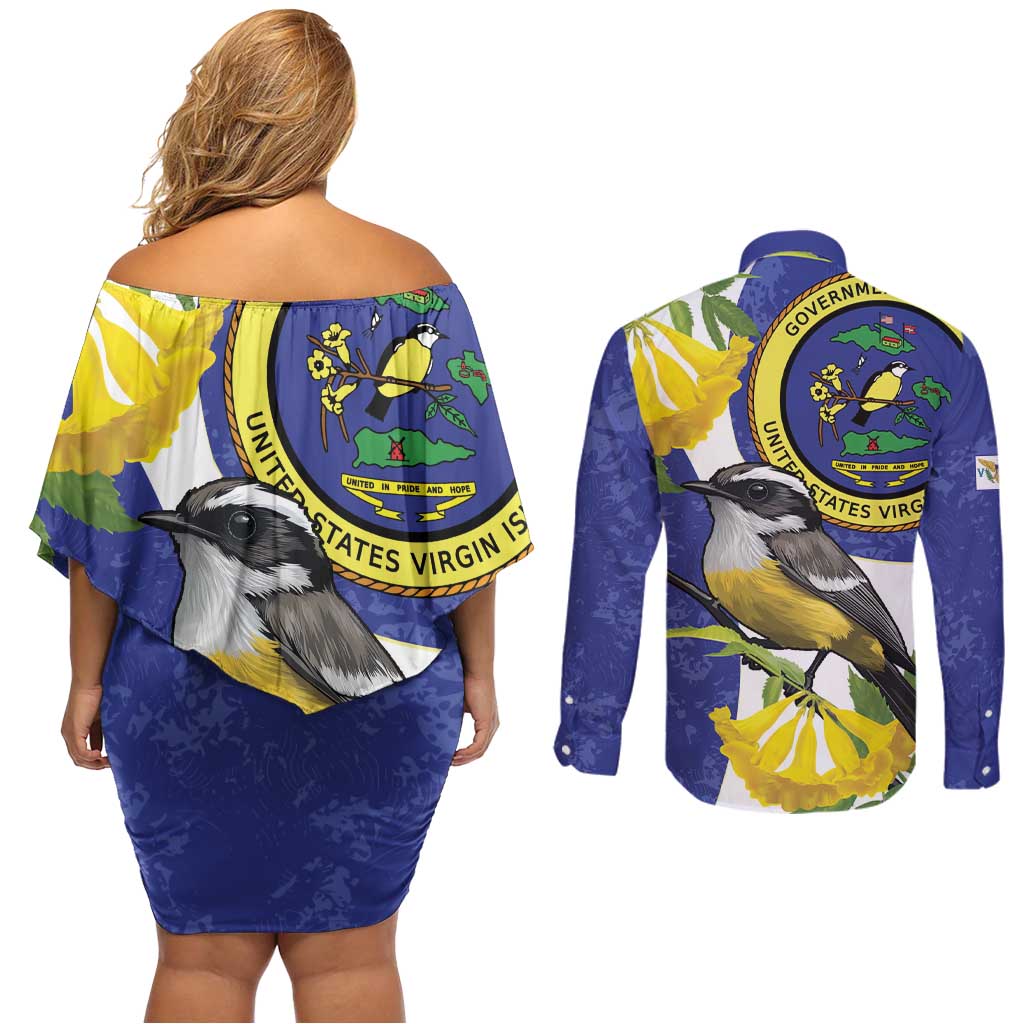 US Virgin Islands Couples Matching Off Shoulder Short Dress and Long Sleeve Button Shirt Bananaquit Bird Mix Ginger Thomas Flower