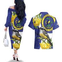 US Virgin Islands Couples Matching Off The Shoulder Long Sleeve Dress and Hawaiian Shirt Bananaquit Bird Mix Ginger Thomas Flower