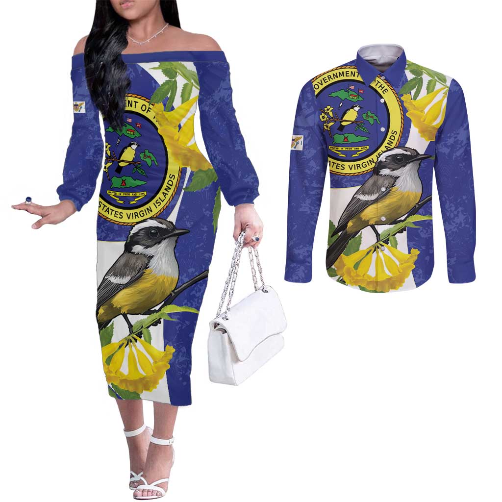 US Virgin Islands Couples Matching Off The Shoulder Long Sleeve Dress and Long Sleeve Button Shirt Bananaquit Bird Mix Ginger Thomas Flower