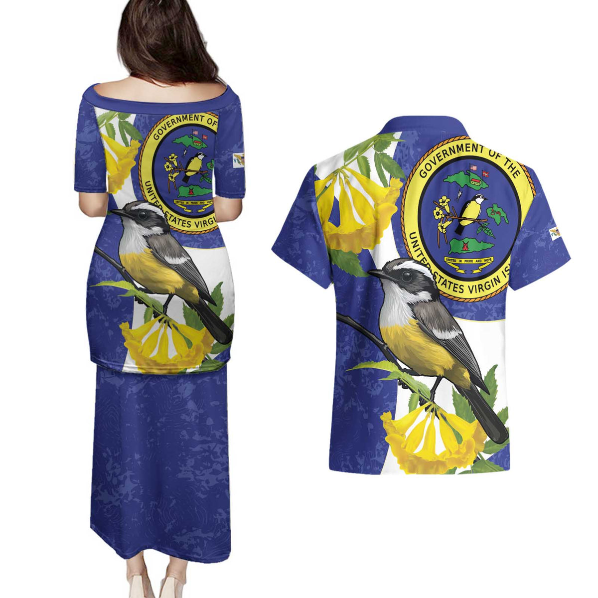 US Virgin Islands Couples Matching Puletasi and Hawaiian Shirt Bananaquit Bird Mix Ginger Thomas Flower