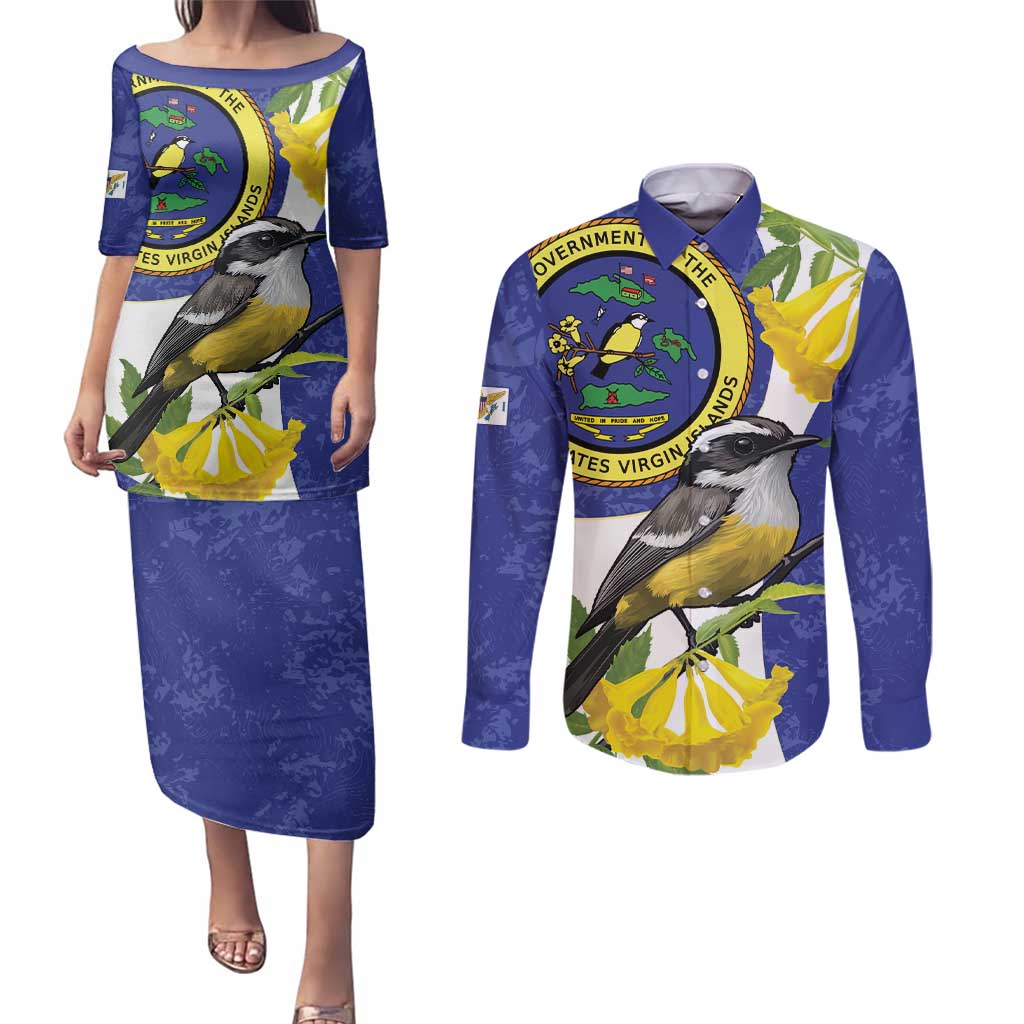US Virgin Islands Couples Matching Puletasi and Long Sleeve Button Shirt Bananaquit Bird Mix Ginger Thomas Flower