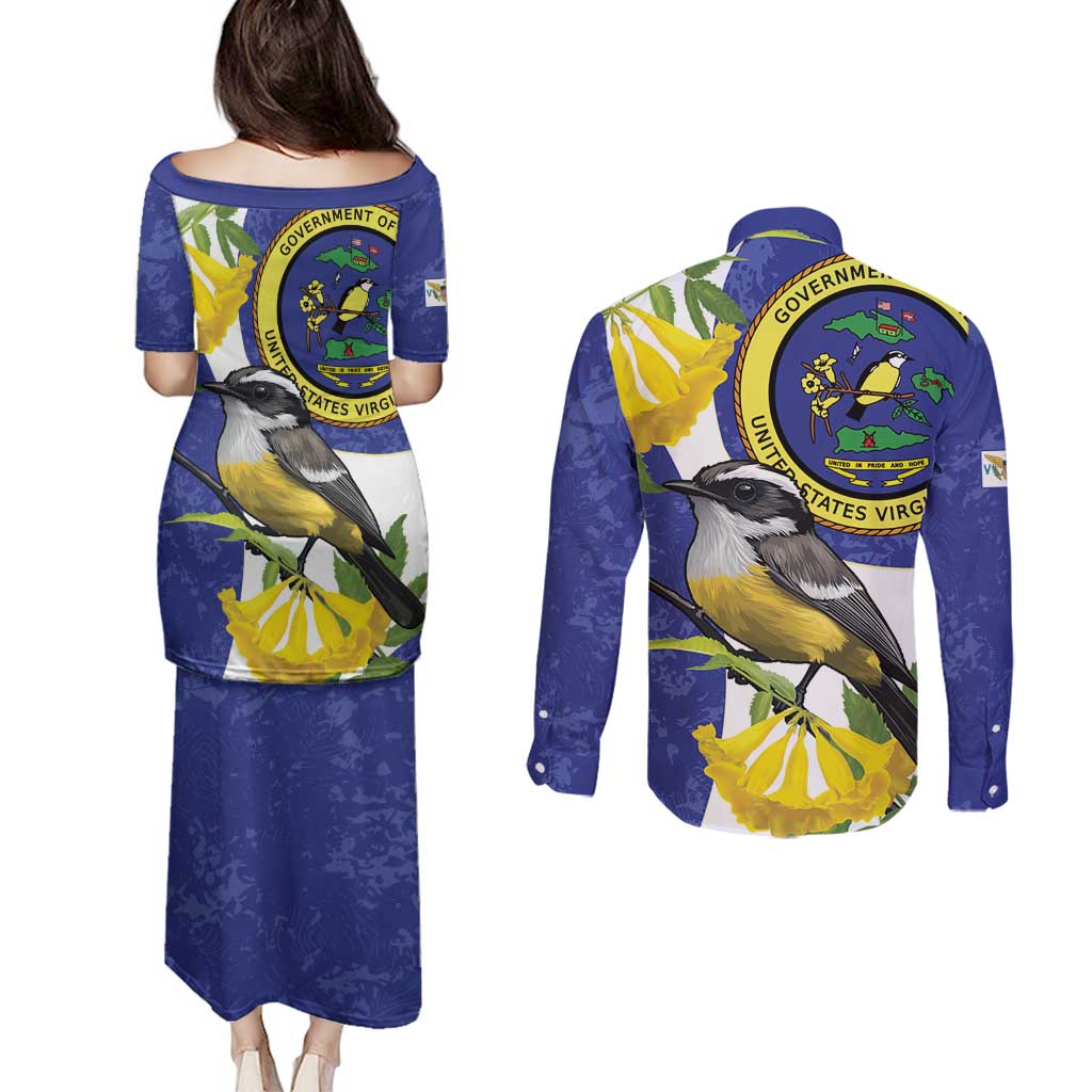 US Virgin Islands Couples Matching Puletasi and Long Sleeve Button Shirt Bananaquit Bird Mix Ginger Thomas Flower