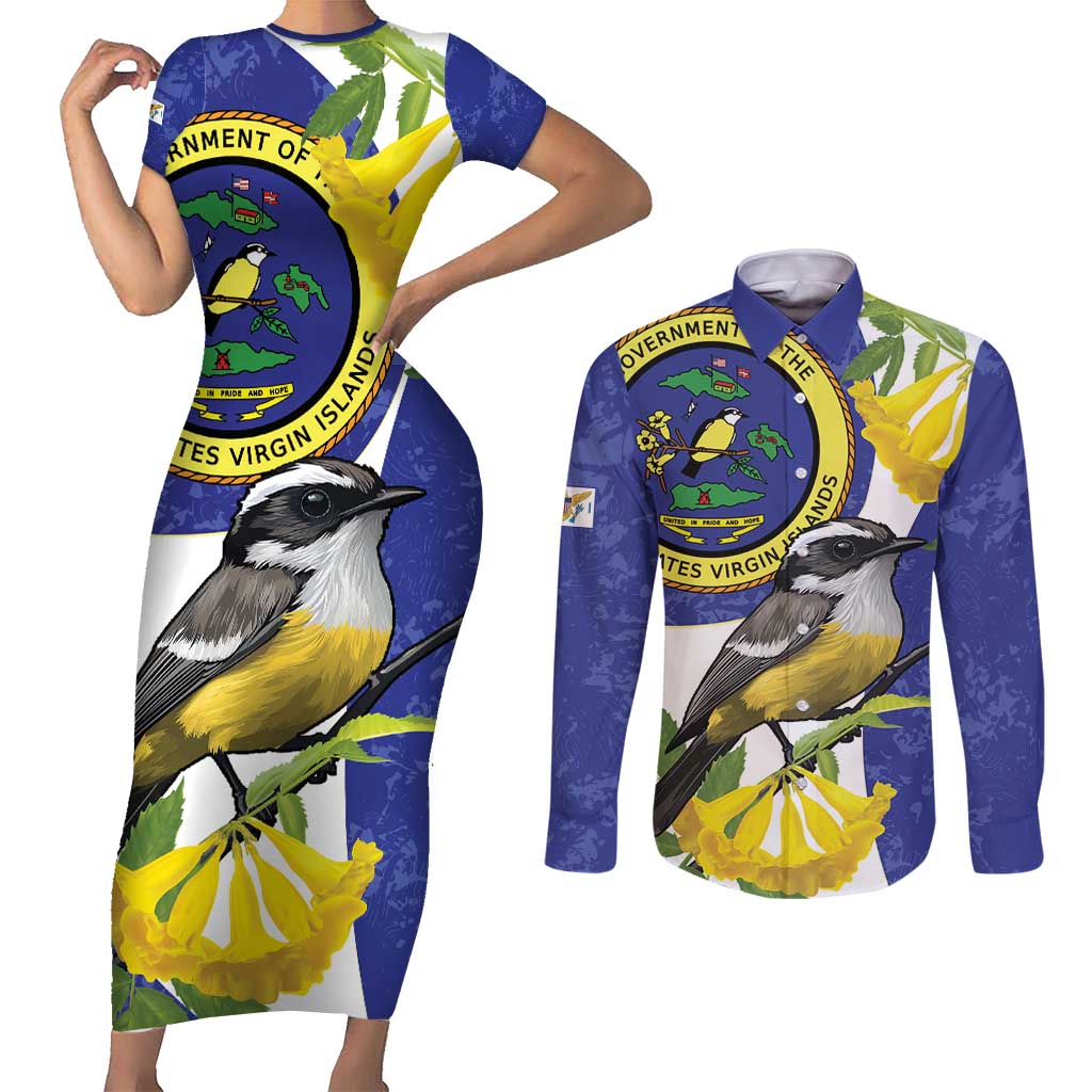 US Virgin Islands Couples Matching Short Sleeve Bodycon Dress and Long Sleeve Button Shirt Bananaquit Bird Mix Ginger Thomas Flower